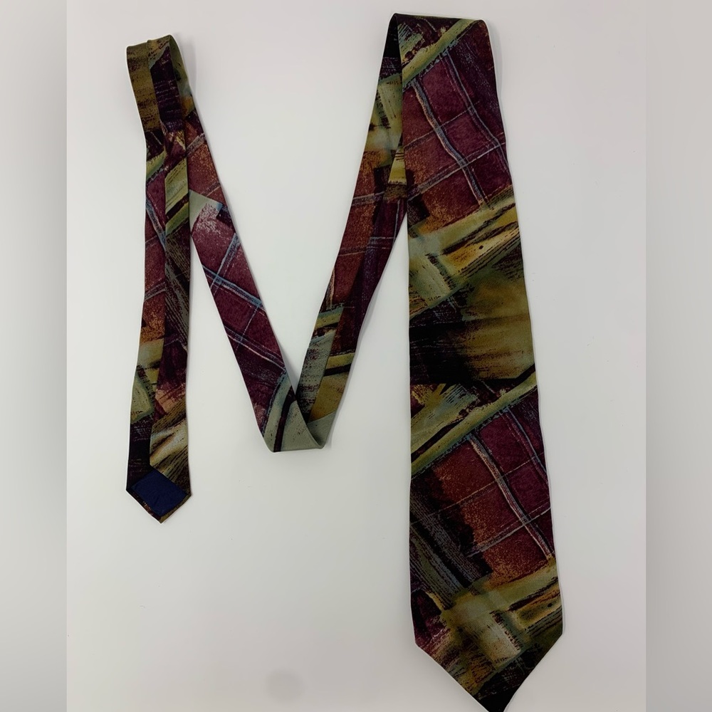 Nino Cerruti Purple/Olive/Navy Abstract Necktie 100% Silk Crepe H5
